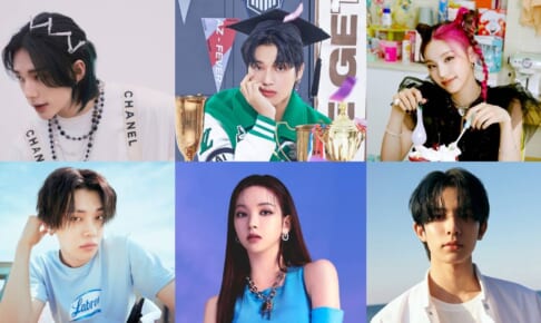 （左上から時計回りに）Stray Kids ヒョンジン、ATEEZ ウヨン、ITZY イェジ、ENHYPEN ヒスン、aespa カリナ、TOMORROW X TOGETHER ヨンジュン