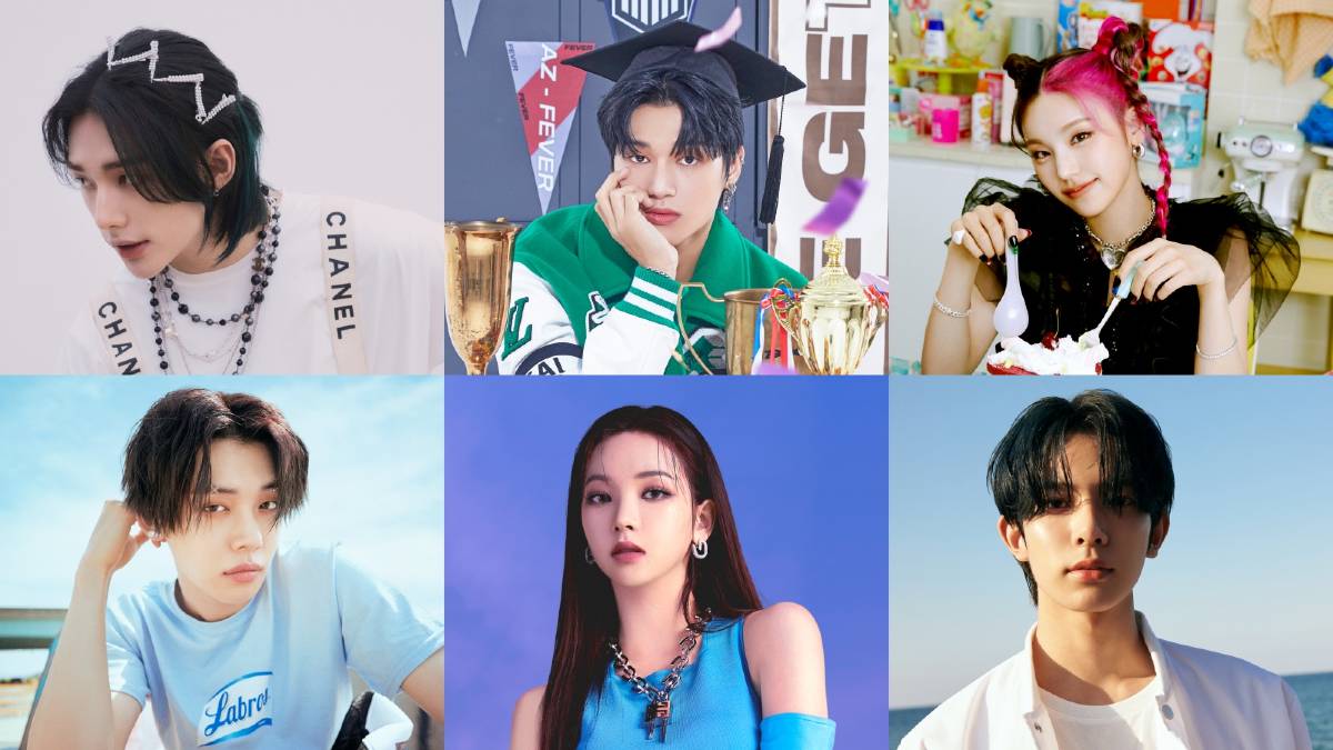 （左上から時計回りに）Stray Kids ヒョンジン、ATEEZ ウヨン、ITZY イェジ、ENHYPEN ヒスン、aespa カリナ、TOMORROW X TOGETHER ヨンジュン